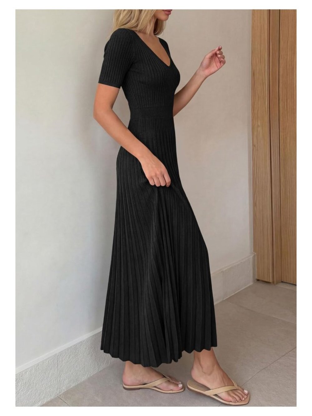 Women's V-Neck Pleated Midi Sweater Dress Short Sleeve Knit A-Line - Picture 3 of 7